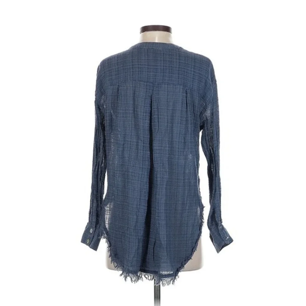 Free People Blue Gauze Tunic Top Long Sleeve Frayed‎ Hem Boho Small